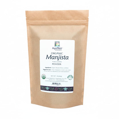 A  bag of Organic Manjista Powder, also known as Rubia cordifolia, with labeling indicating it is a 1lb bag.