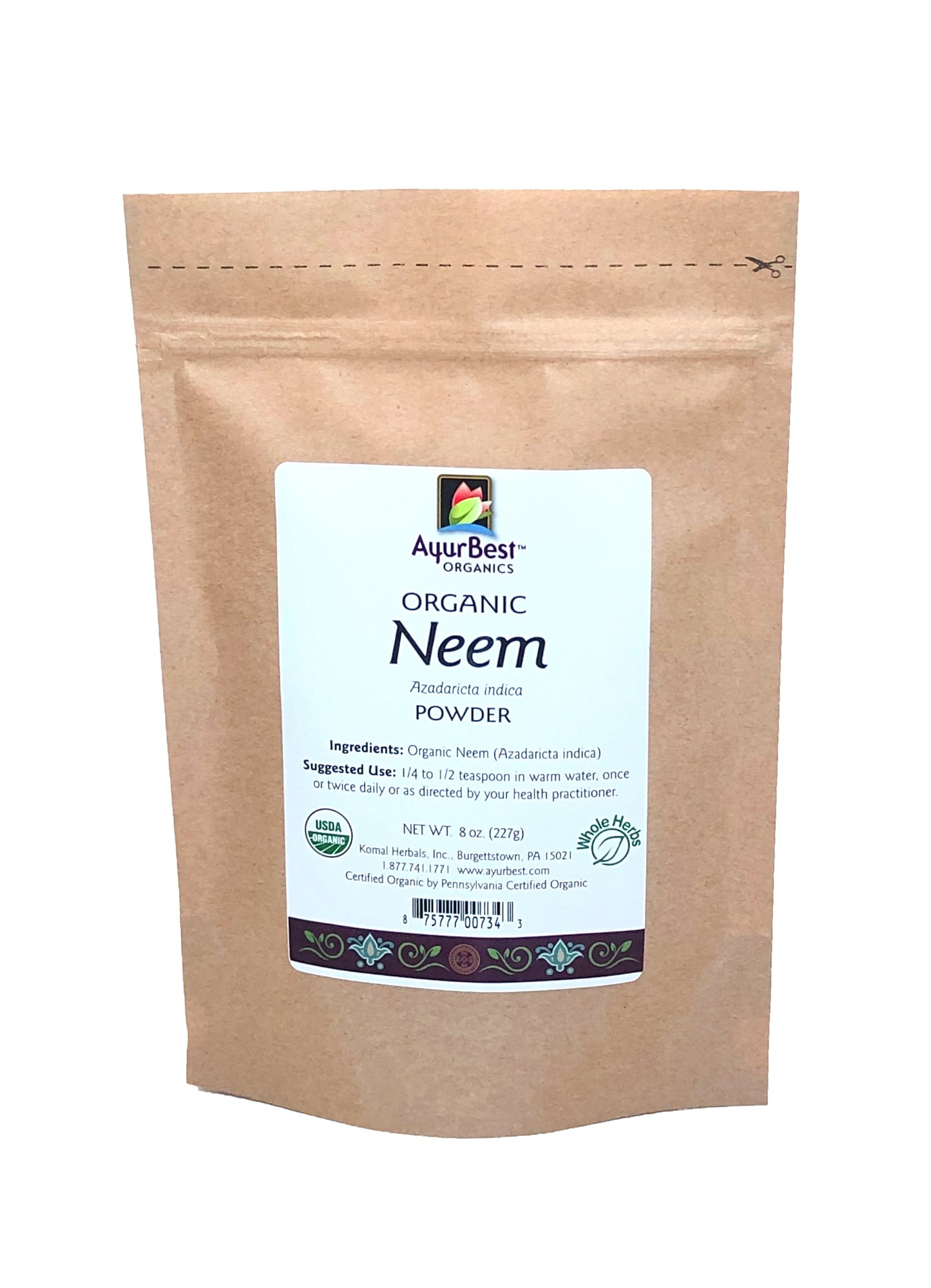 A bag of AyurBest Organic Neem Powder, with a label showing the product name and an organic certification symbol.