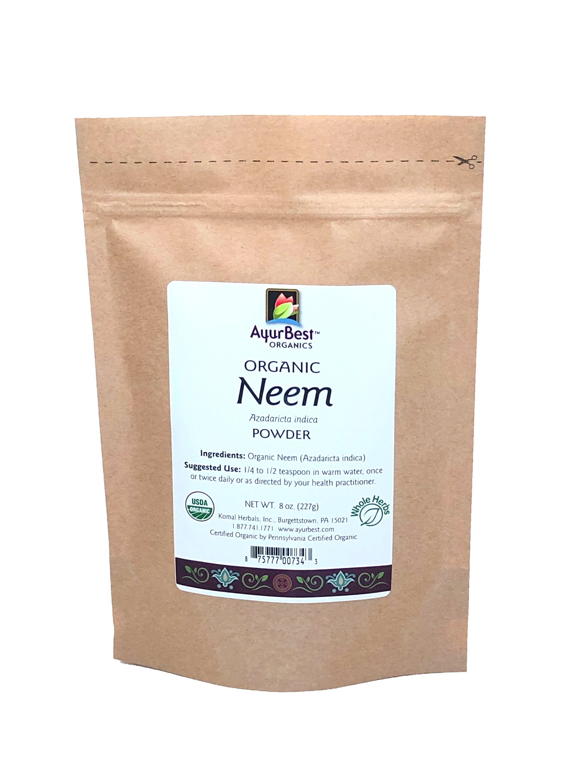 A bag of AyurBest Organic Neem Powder, with a label showing the product name and an organic certification symbol.