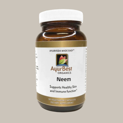 Bottle of AyurBest Organics Neem Caspules support Healthy Skin NAd Immune Function