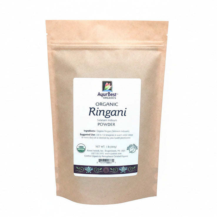 A bag of Aurabest Organic Ringani Powder, with the label showing the product name and an organic certification symbol.