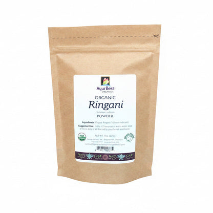 A bag of organic Ringani powder, with a beige packaging and a label displaying the product name and organic certification.