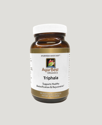 Bottle of Triphala vegeterain capsules supports Healthy Detoxification and rejuvenation