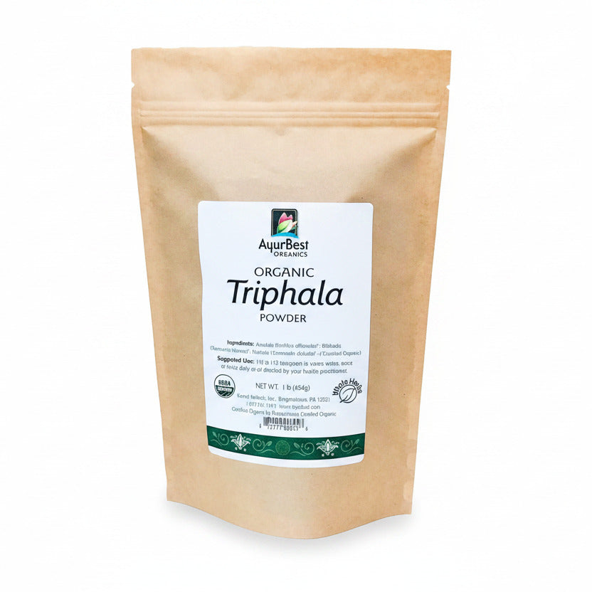 A bag of AyurBest Organic Triphala Powder.