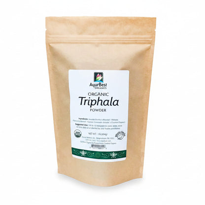 A bag of AyurBest Organic Triphala Powder.