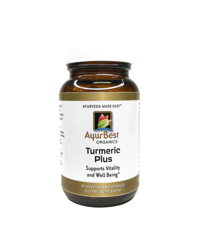 AyurBest Organic Turmeric Plus Supports Vitality and Well Being 90 capsules Ayurveda Made Easy Amber Glass bottles